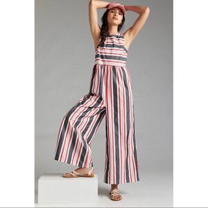 NEW Anthropologie Maeve Organic Cotton Striped Wide-Leg Button Jumpsuit X-Small